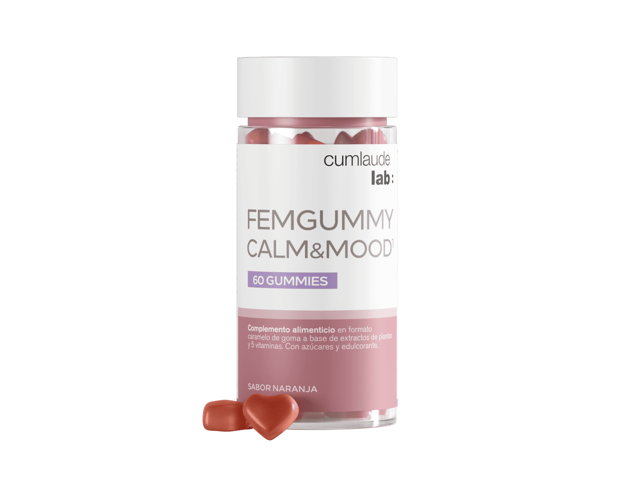Envase de 60 gominolas Femgummy Calm & Mood de Cumlaude Lab con extractos de plantas y vitaminas para promover la calma y el bienestar emocional femenino, sabor naranja
