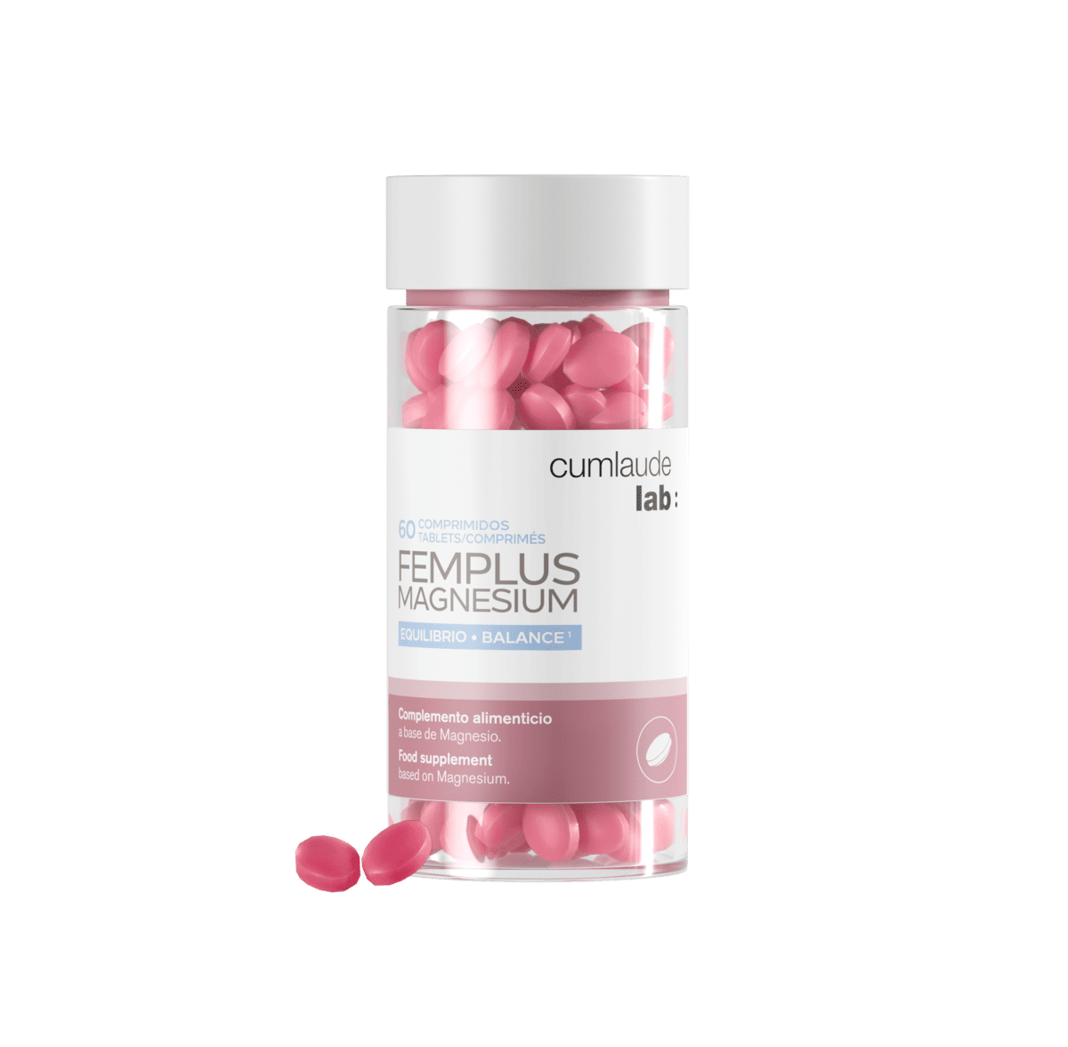 Envase de Femplus Magnesium de Cumlaude Lab en formato comprimidos, con magnesio para el equilibrio del sistema nervioso, muscular y psicológico de la mujer